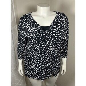 George Top 2X Black White Abstract Faux Wrap Career Casual Workwear Classic